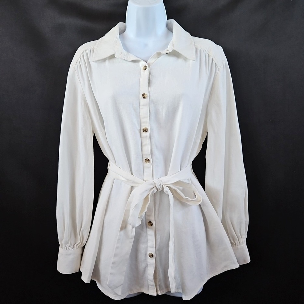 Isabel Ivory Linen Long Sleeve Blouse Size‎ M Women's Classic Casual Capsule